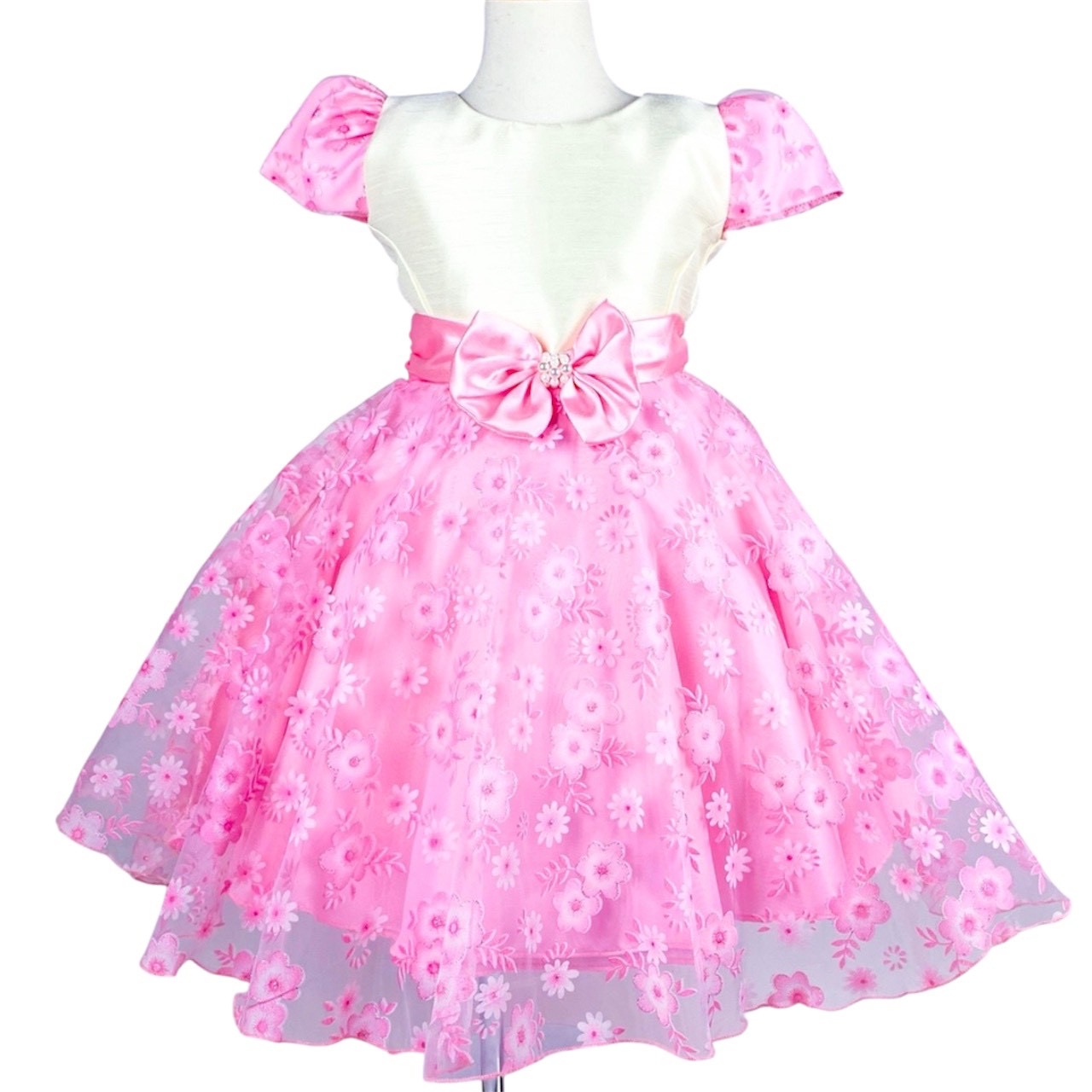 パールリボンプチフラワードレス(ベビーピンク)袖付き