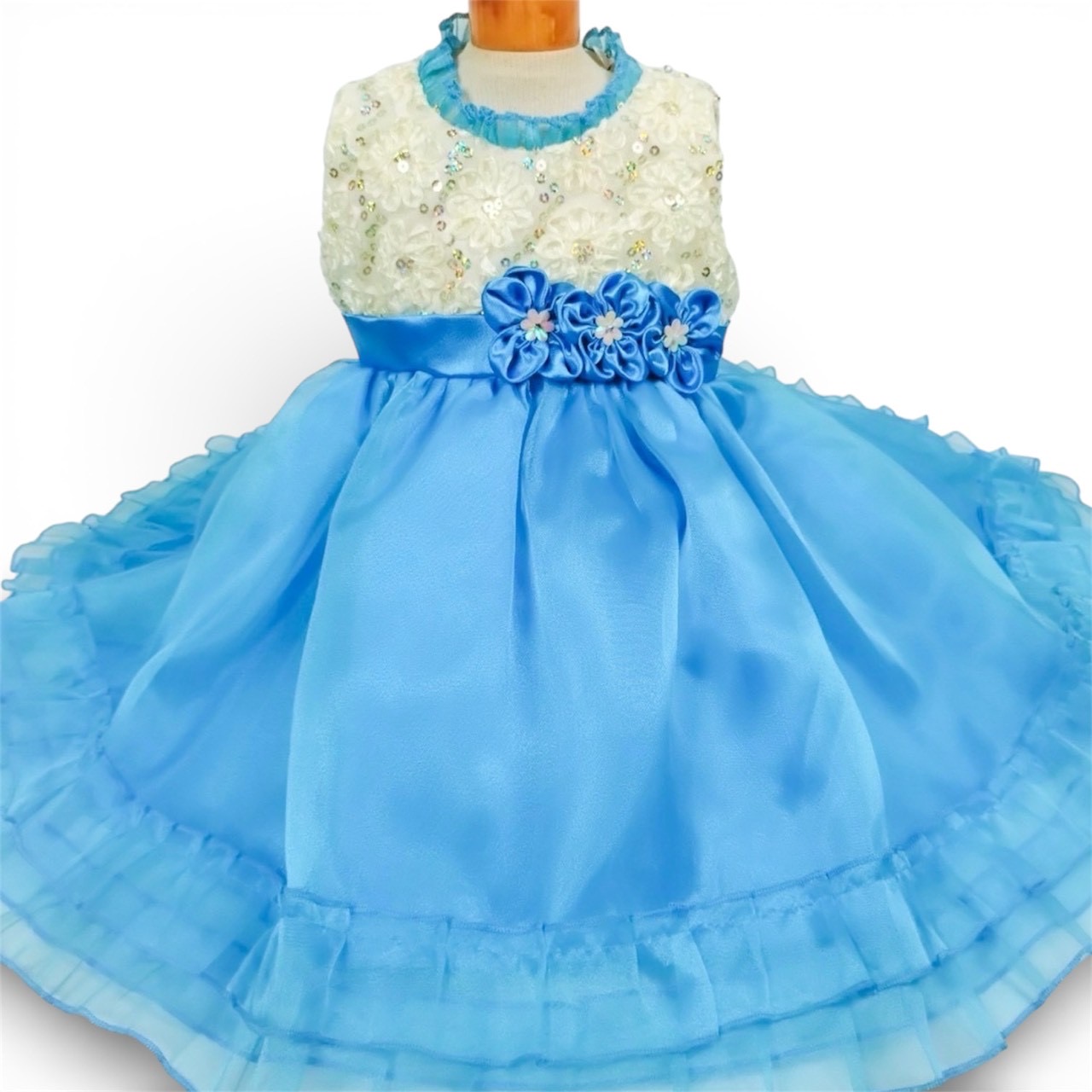 3連フラワー首元フリルブルードレス