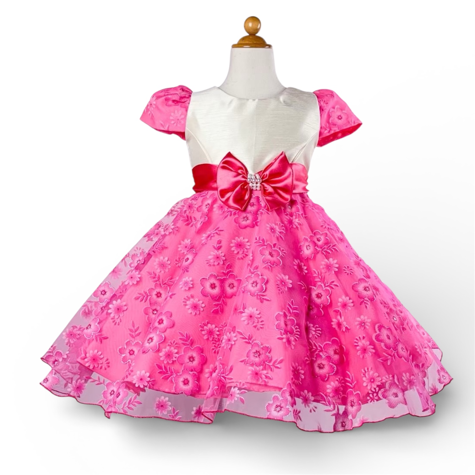 パールリボンプチフラワードレス(ビビットピンク)袖あり