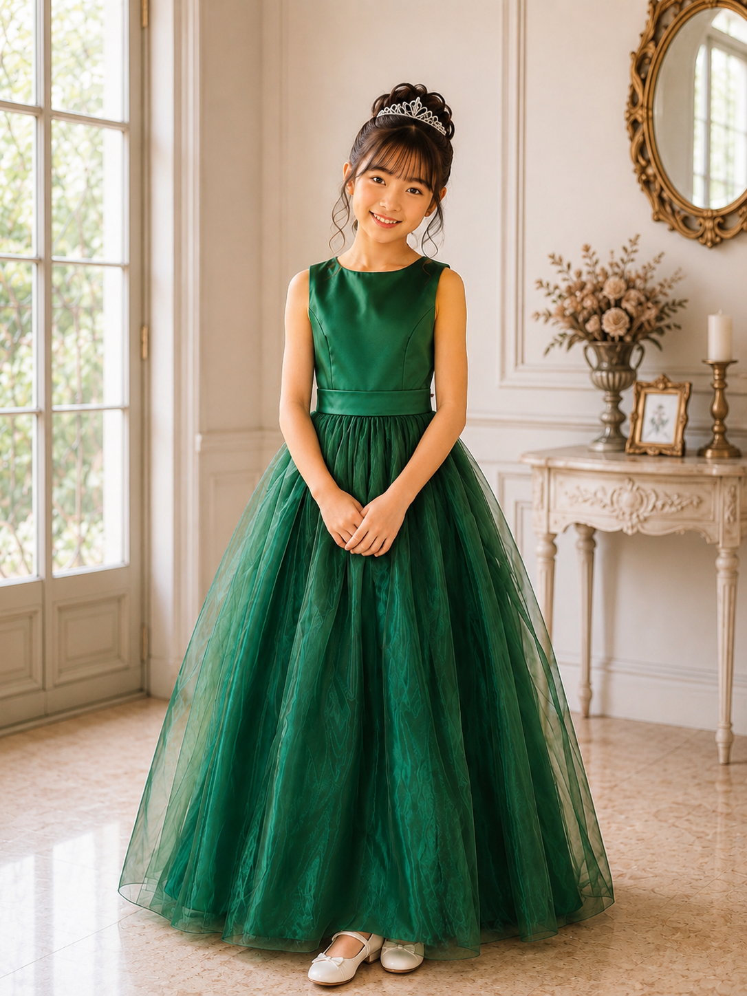 グリーンチュールロングドレス