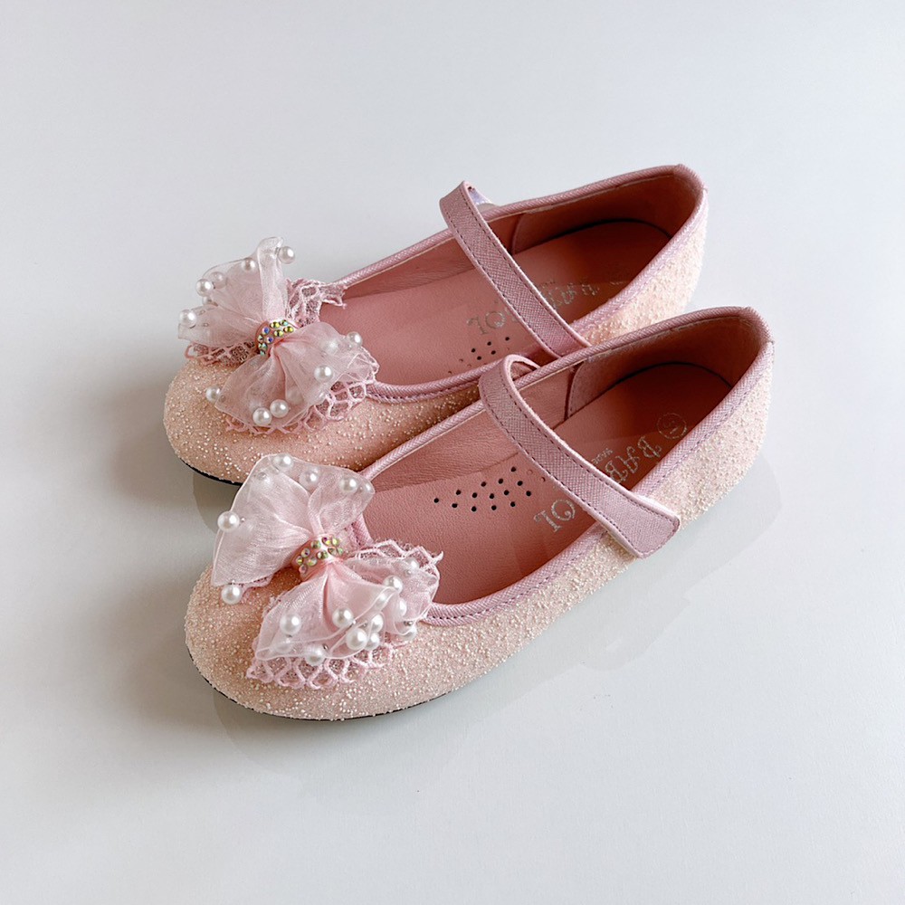 キラキラリボンストライプパンプス　ピンク