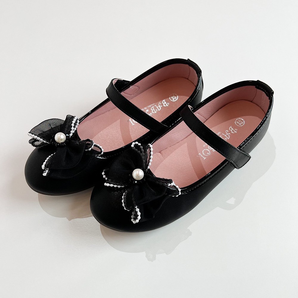 パールリボンストライプパンプス　ブラック