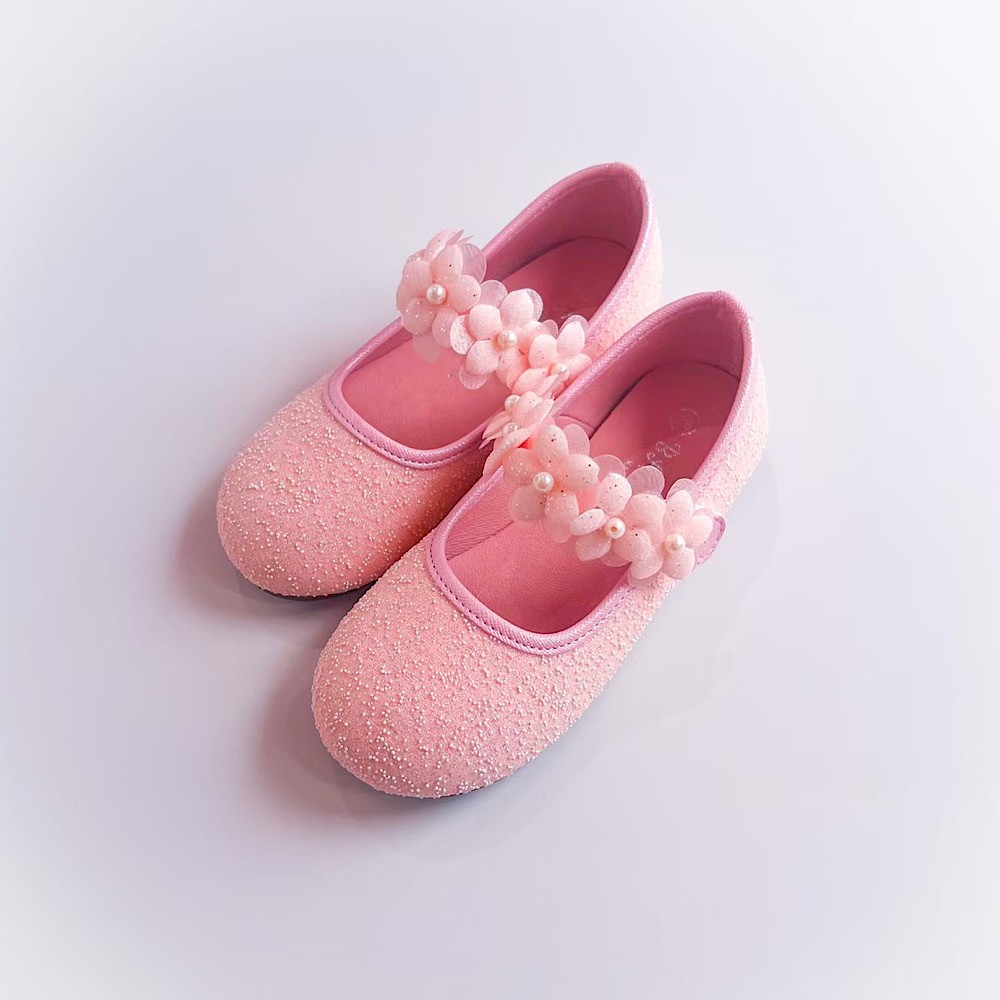 フラワーストライプパンプス　ピンク