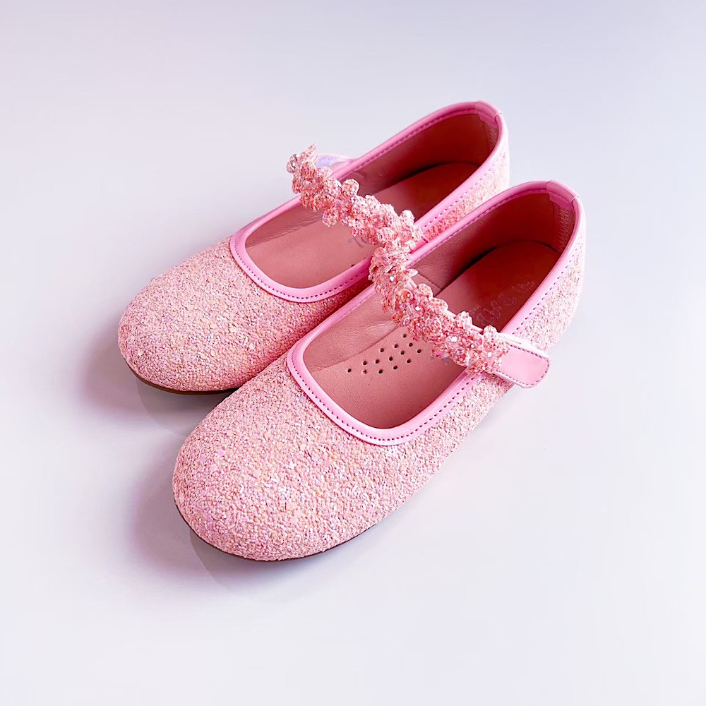 キラキラフラワーストライプパンプス　ピンク