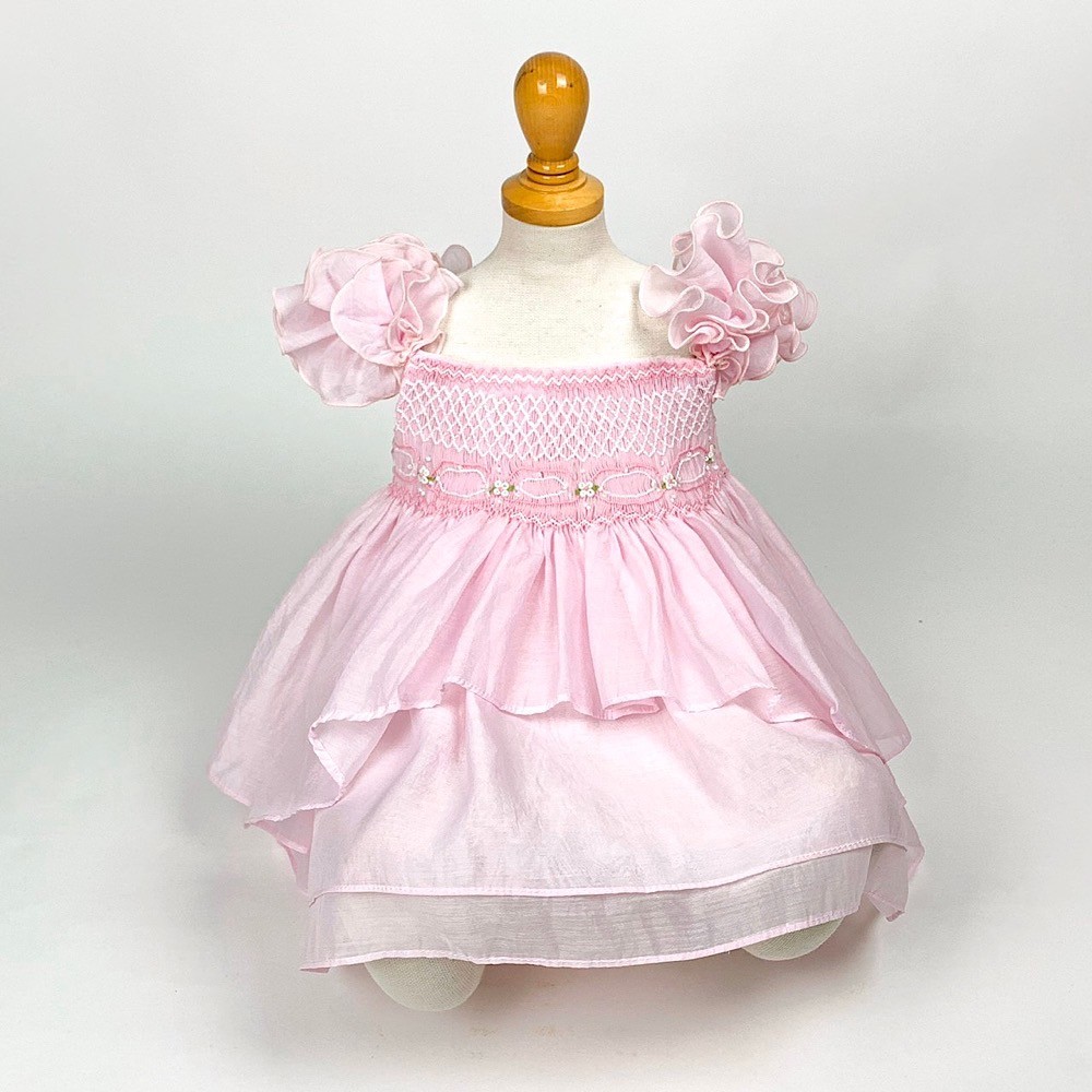 ピンクコットン袖フリルドレス