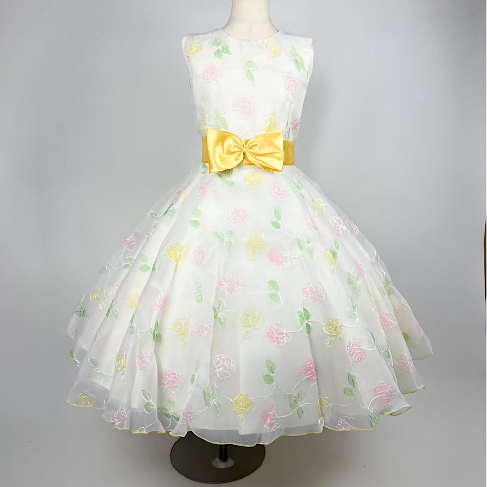 ウエストリボンフラワー刺繍イエロードレス