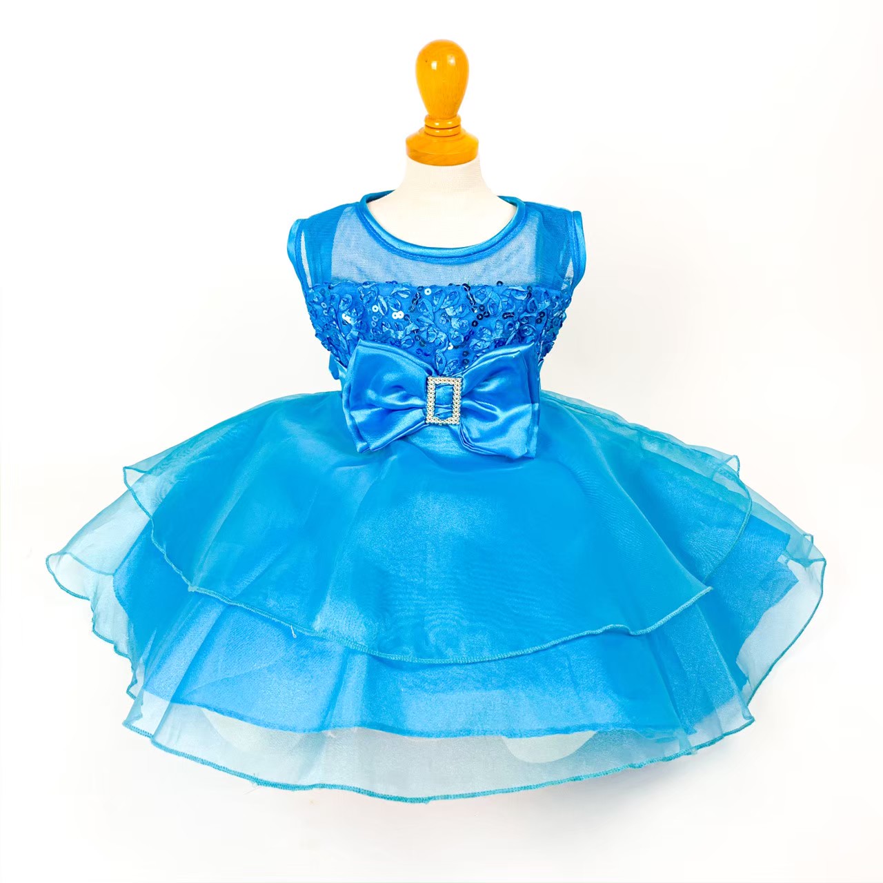 ウエストキラキラリボンブルードレス