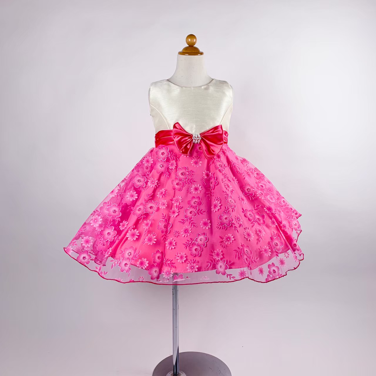 パールリボンプチフラワードレス(ビビットピンク)袖無し