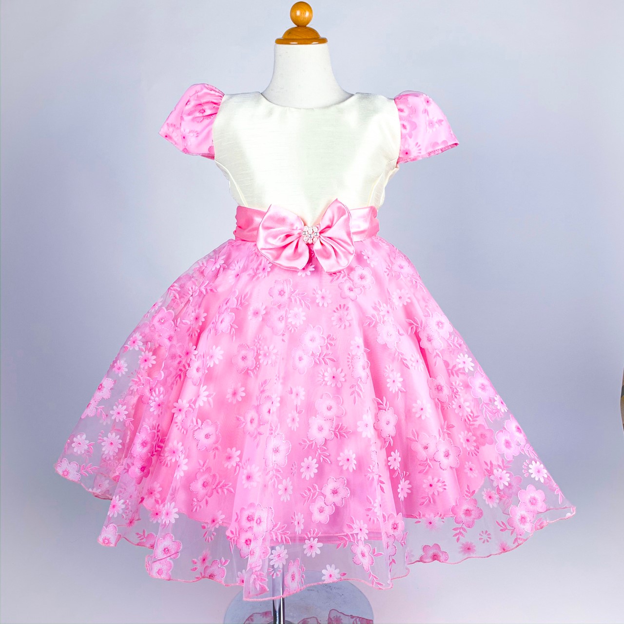 パールリボンプチフラワードレス(ベビーピンク)袖付き